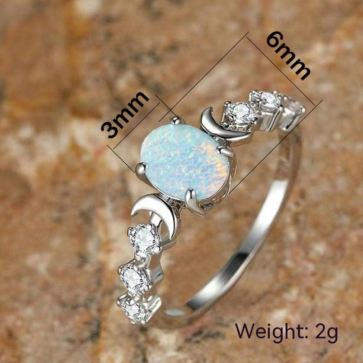 Oval White Opal Moon Ring Retro