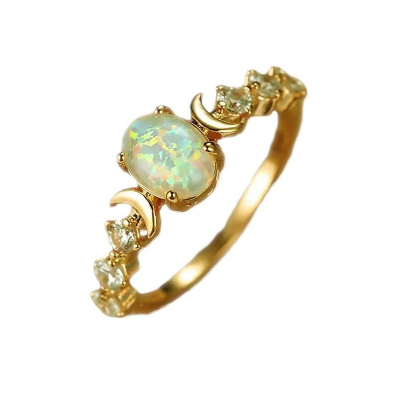 Oval White Opal Moon Ring Retro