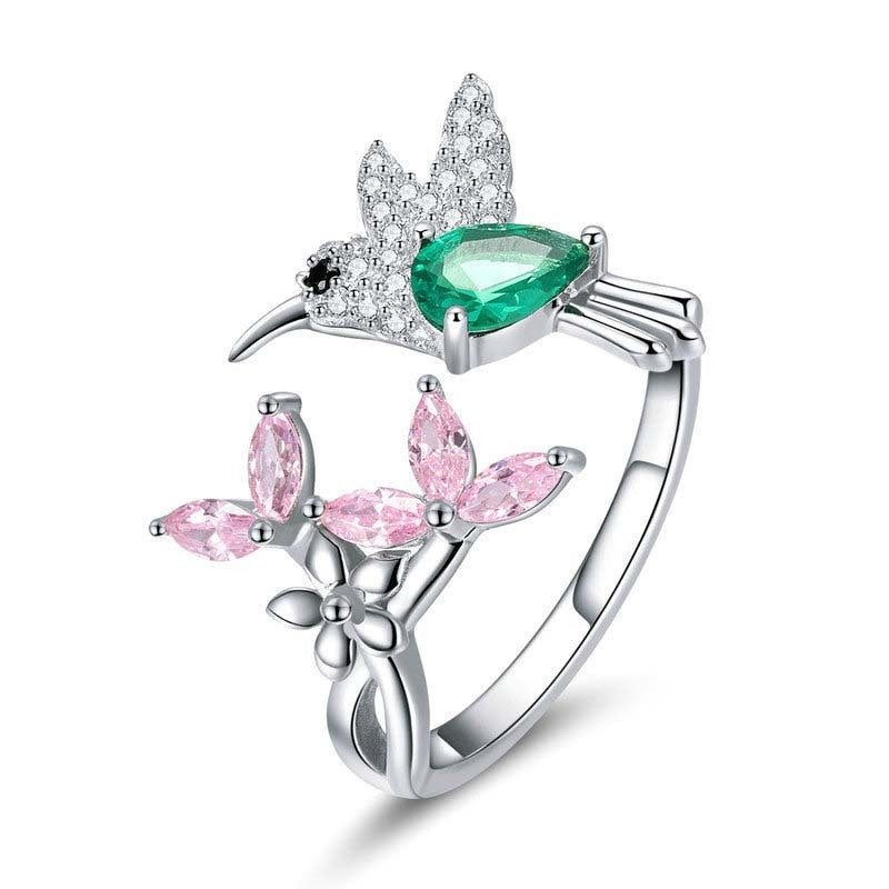 Hummingbird and Flower Ring Opening Color Zircon Platinum Plated S925 Silver Ring