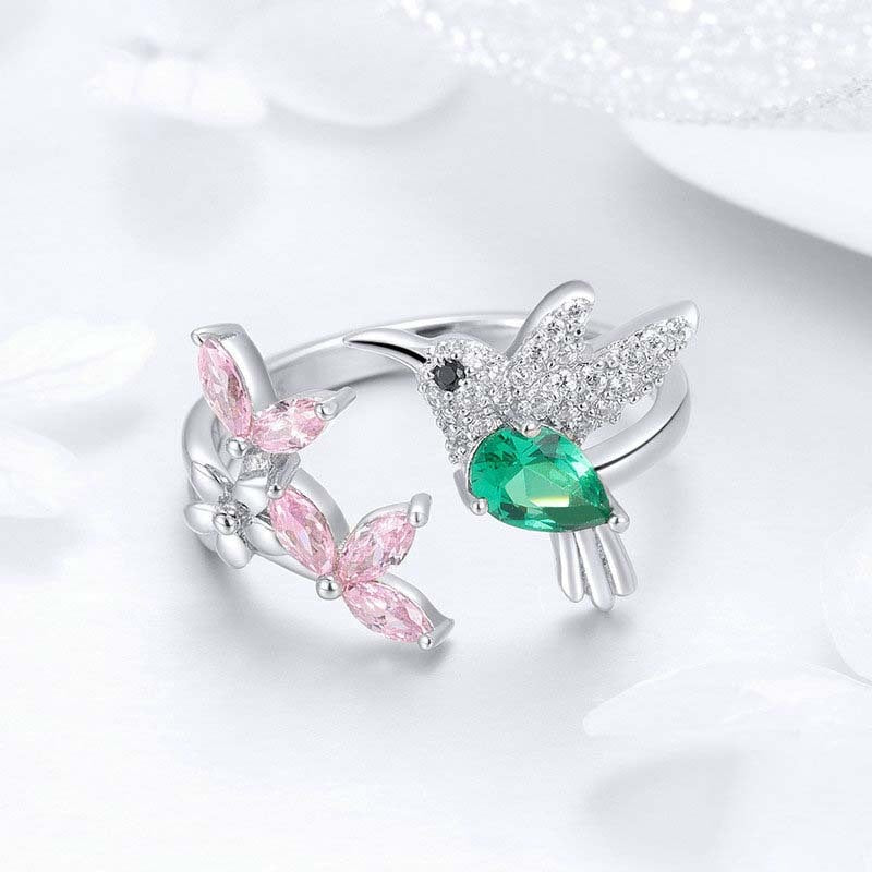 Hummingbird and Flower Ring Opening Color Zircon Platinum Plated S925 Silver Ring