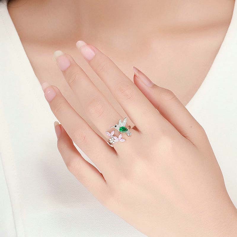 Hummingbird and Flower Ring Opening Color Zircon Platinum Plated S925 Silver Ring