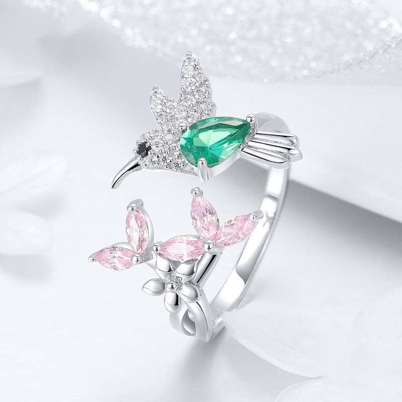 Hummingbird and Flower Ring Opening Color Zircon Platinum Plated S925 Silver Ring