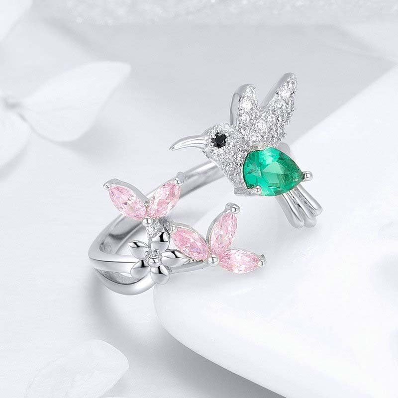 Hummingbird and Flower Ring Opening Color Zircon Platinum Plated S925 Silver Ring