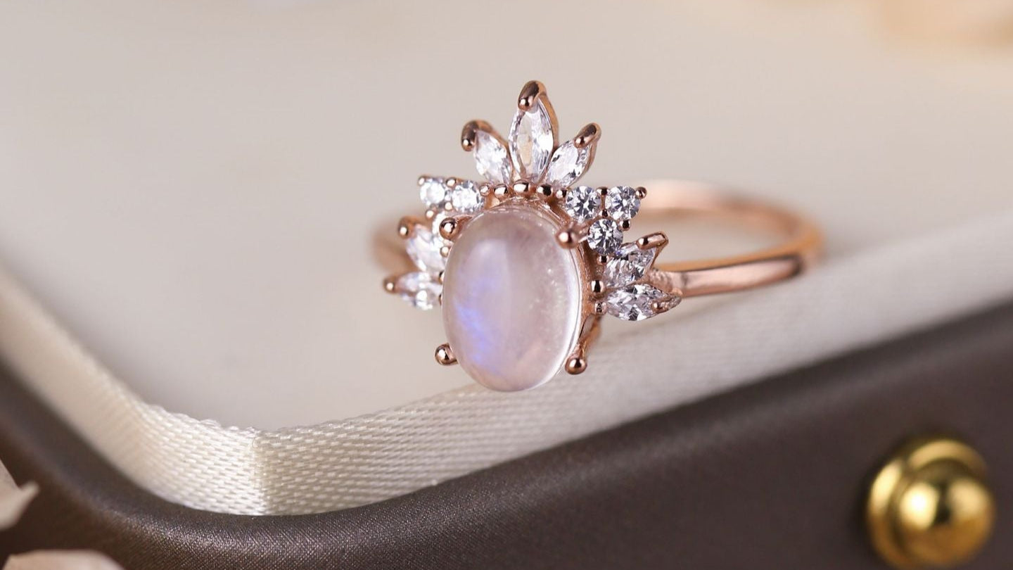 S925 Sterling Silver Oval Moonstone Micro Rhinestone Ring