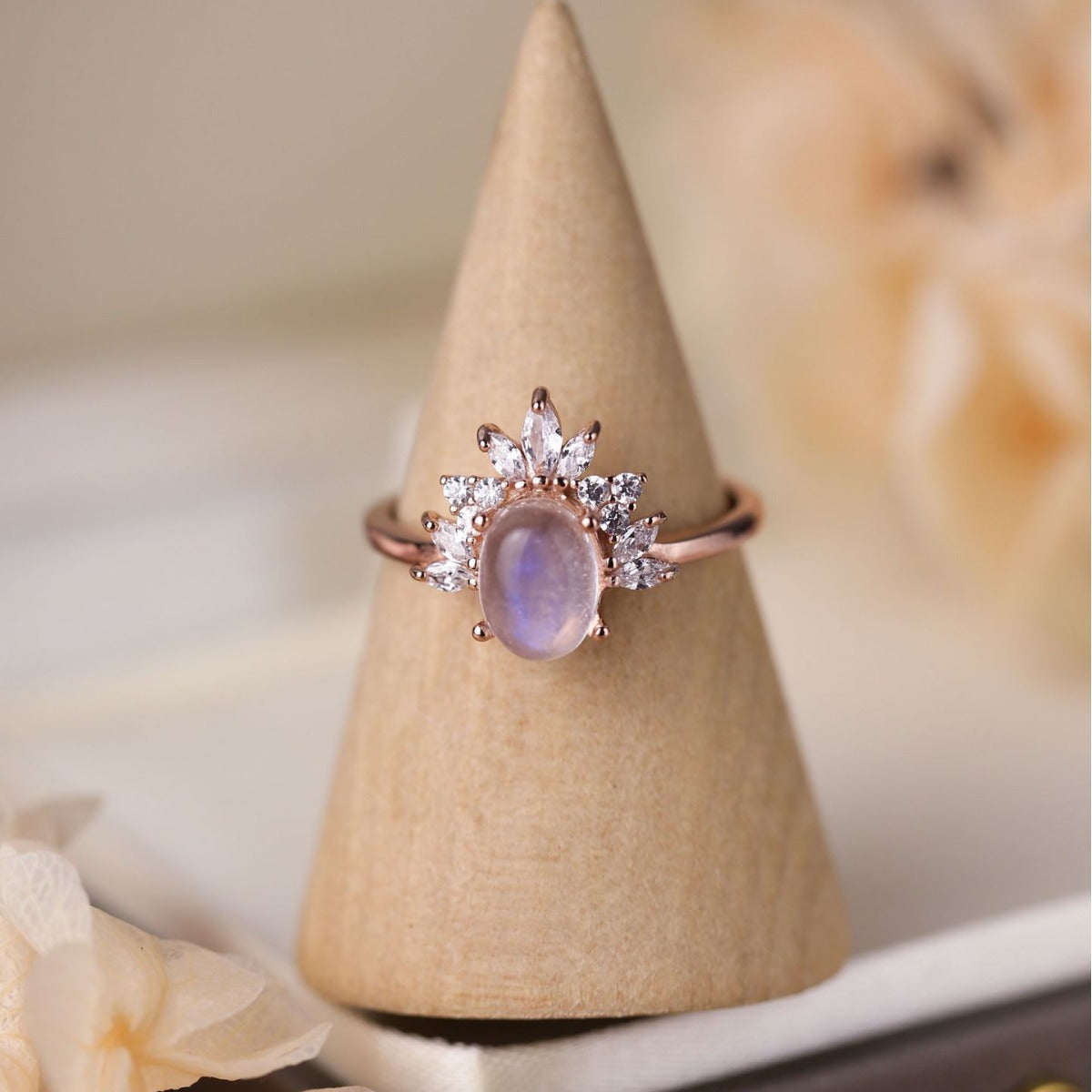 S925 Sterling Silver Oval Moonstone Micro Rhinestone Ring