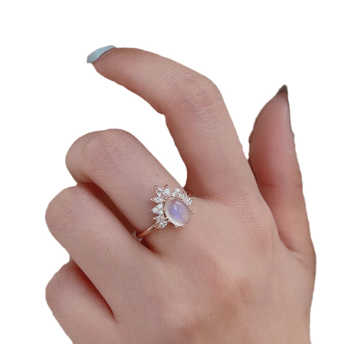 S925 Sterling Silver Oval Moonstone Micro Rhinestone Ring