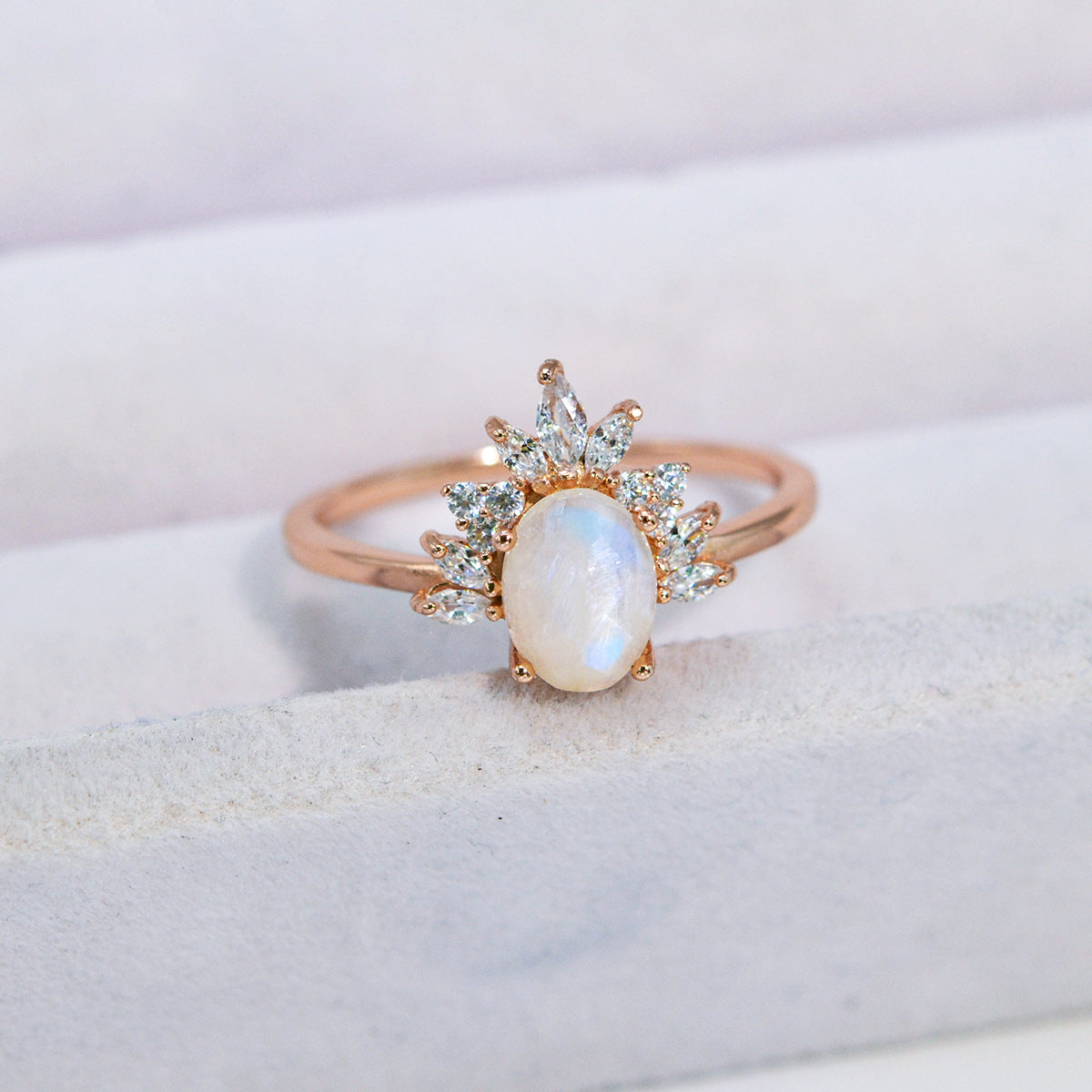 S925 Sterling Silver Oval Moonstone Micro Rhinestone Ring