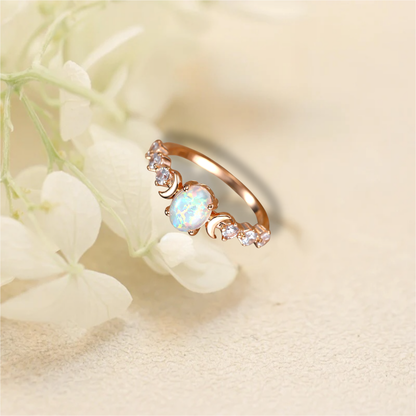 Oval White Opal Moon Ring Retro